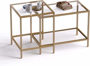 Glass Nesting Coffee Table Set 2 Side End Tables Modern Metal Frame Space Saving - Picture 1 of 12