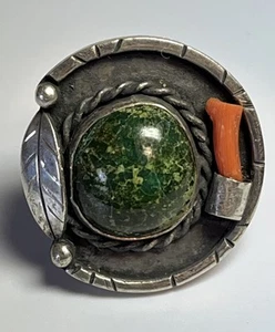 Anillo Navajo Antiguo Peón Plata Esterlina Turquesa Verde y Coral Vintage RARO - Imagen 1 de 6