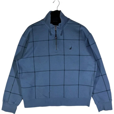 Men's Nautica Checkered Blue 1/4 Zip Sweatshirt L - Imagem 1 de 4