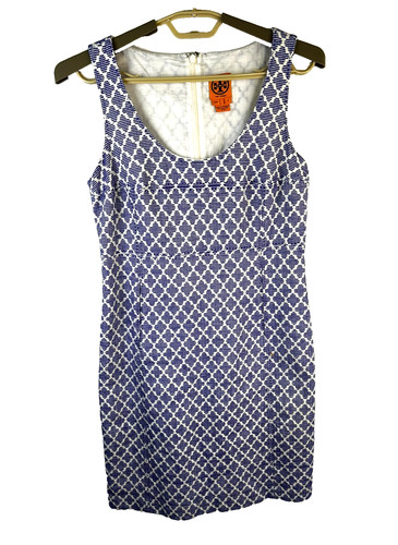 Abito tubino donna Tory Burch senza maniche blu bianco geometrico taglia 8