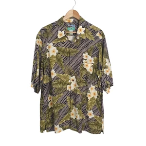 Reyn Spooner Sz L Vintage Olive Grey Hawaiian Rayon Short Sleeve Collared Shirt - Picture 1 of 10