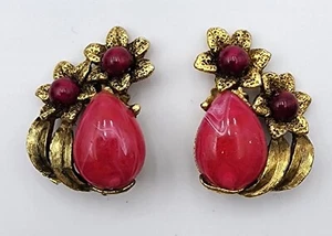 Orecchini floreali clip-on oro anticato vetro rosa Selini firmati vintage di qualità - Foto 1 di 9