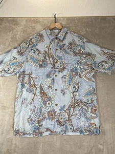 Tommy Bahama Hawaiian Shirt Mens L 100% Silk Blue Paisley Floral *Lgt Stain* - Picture 1 of 8