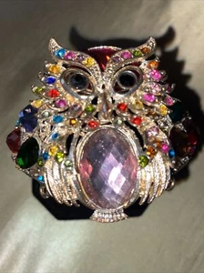 Chunky Bling Owl Bracelet Multicolored Glass Jewels 2” Hinged Opening Statement - Picture 1 of 12