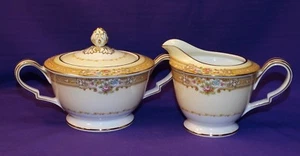 NORITAKE BONE CHINA DARLEEN 3904 CREAMER & SUGAR SET YELLOW FLORAL PATTERN GOLD - Picture 1 of 11