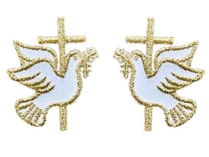 #5210 1 Pair Gold Small Dove with Cross Embroidered Iron On Applique Patch - Picture 1 of 2