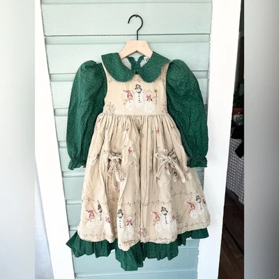 Vintage Daisy kingdom let it snow pinafore and dress winter holiday snowman 4T - Изображение 1 из 4