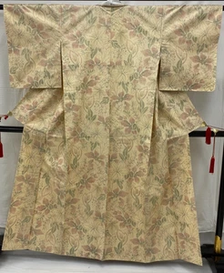 Japanese Vintage Kimono Silk Beige Yuki Tsumugi Traditional Authentic Length 61i - Picture 1 of 23