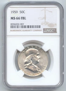 1959 Franklin Half Dollar, NGC MS-66 FBL, Full Bell Lines - Picture 1 of 2