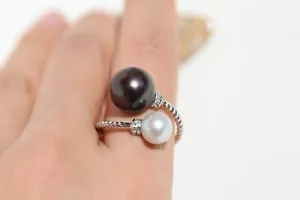 bague fine argent perle noire de Tahiti diamètre 11,5mm perle Akoya 8mm 1765 - Foto 1 di 9