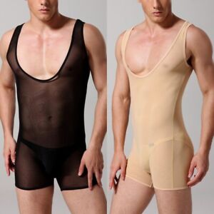 Stylish Sleeveless Mesh Boxer Briefs Jumpsuit for Comfortable Men's Underwear