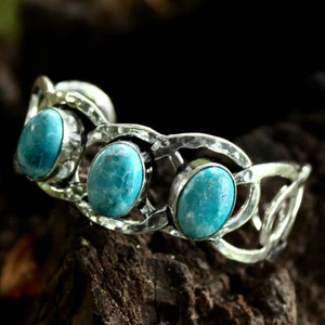 925 Sterling Silver Caribbean Larimar Gemstone Handmade Jewelry Bangle Sz 7-8 - Picture 1 of 1