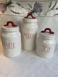 Rae Dunn Christmas Canister Set of 3 - Merry Cheer Joy Red White With Lids RARE - Picture 1 of 7