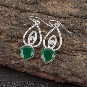Gift For Her 925 Silver Green Onyx Faceted Gemstone Drop/Dangle Earrings - Picture 1 of 7