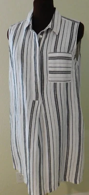 Liz Claiborne Women Sleeveless Dress Sz M Linen Blend Chambray Striped Pockets - Image 1 of 4
