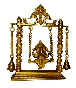 Lord Ganesha Sitting on Swing with Bells Antique Style Brass Handcrafted Statue