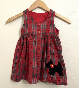 Vintage Scottie Dog Plaid Dress Red Green 3T Heart Buttons Christmas Cotton - Picture 1 of 7