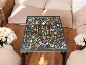 Square Marble Inlay Coffee Table Black Semi Precious Stone Handmade Balcony Deco - Picture 1 of 9