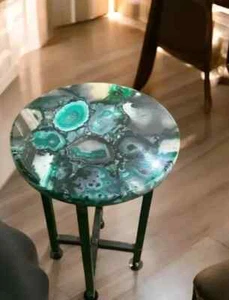 12" Round Green Agate Stone Top Coffee Table Handmade Gemstone Living Room Decor - Picture 1 of 3