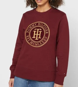 New Tommy Hilfiger Women’s Embroidered Monogram Sweatshirt 76J1825 Burgundy - S - Picture 1 of 13