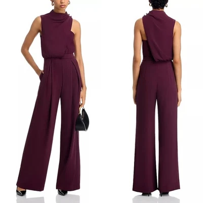 NEW BLACK HALO Oxblood FLOELLA Asymmetric DRAPED Pleated WIDE LEG JUMPSUIT 4 - Image 1 of 4