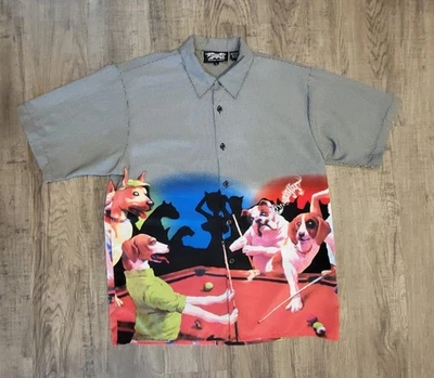 Vintage Y2K Dragonfly Dogs Playing Pool Billiards Oversized Shirt Mens Large - Image 1 of 4