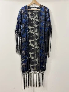 Gypsy Warrior Lovely Open Front Navy Blue Floral Fancy Tassel Embellished Kimono - Picture 1 of 12