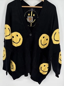 Cardigan donna vestito in LaLa lavorato a mano faccina sorridente nero taglia S/M - Foto 1 di 3