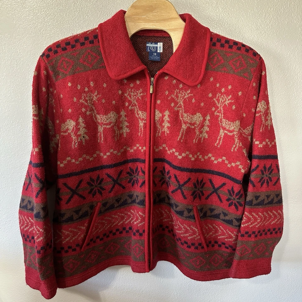 VENEZIA JEANS Rojo Esquí Nórdico Navidad 100% Lana Cremallera Completa Cárdigan Suéter 26/28 Foto 1 de 4