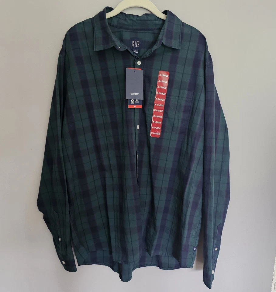 Gap Shirt Men's Size XL Plaid Green Blue Button Down Woven Sycamore Plaid