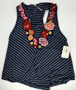 Free People Womens Frida Faux Wrap Tank Top Blue w/ Embroidered Floral Sz XS NWT - Picture 1 of 10
