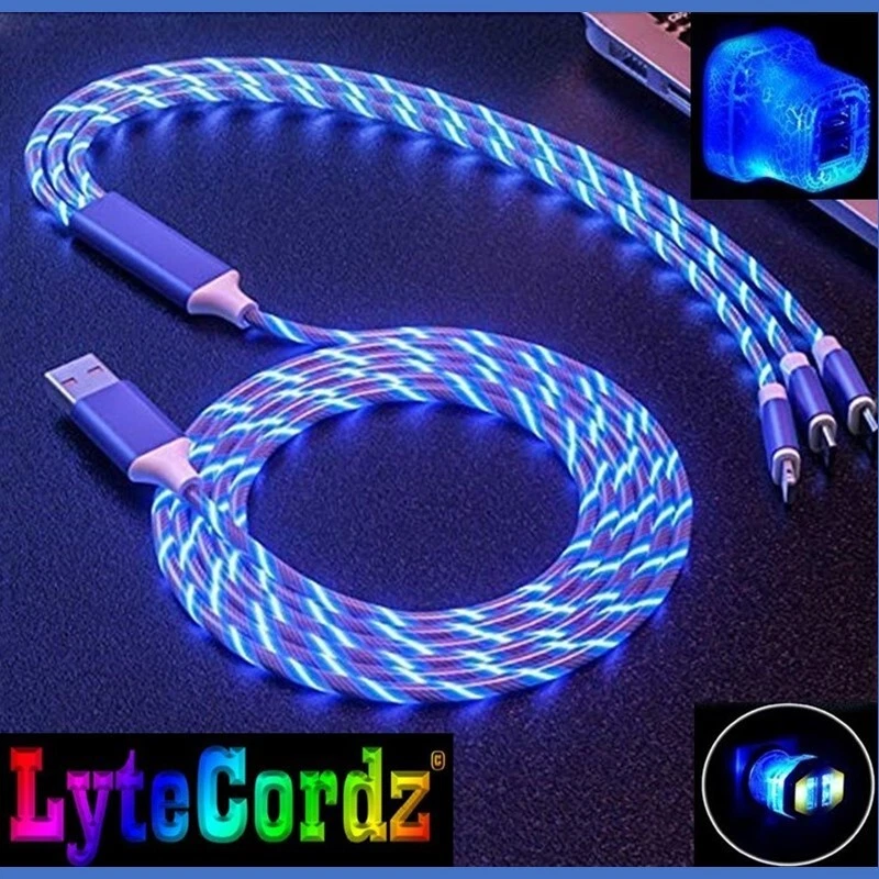 LED Light Up 3 in 1 Multi Charging Charger Cable Cord - Iphone Android Type C - Image 1 of 1