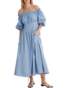 Country Road Blue Off Shoulder Tuck Dress Size 8 Puff Sleeve Maxi Cotton Womens - Picture 1 of 14