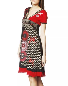 DESIGUAL 21V2097 Julietty Jersey Mini Dress V-Neck Print Emboidery Logo Red L-XL - Picture 1 of 15
