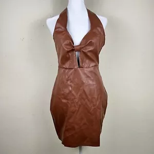 Nwt Brown Faux Leather Mini Bodycon Halter Dress Womens Size Large - Picture 1 of 9