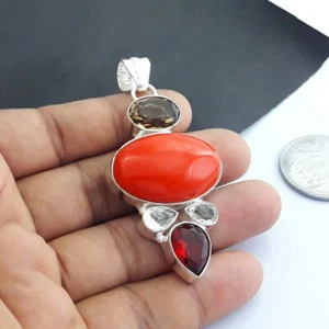 Red Coral, Garnet, Smoky Gemstone 925 Sterling Silver Handmade Pendant S-42 - Picture 1 of 5
