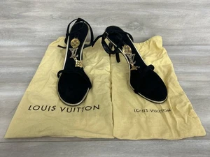 Louis Vuitton Black Suede Embellished Logo T Strap Sandals (PO1019943) - Picture 1 of 9