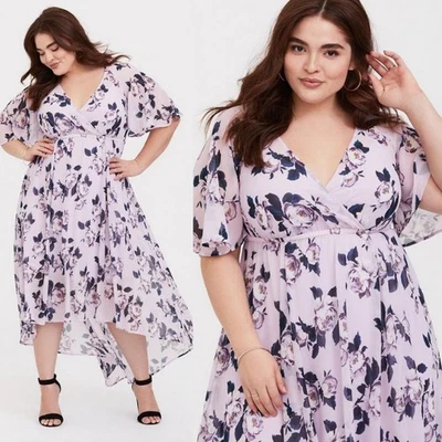 Vestido midi tórrido estampado floral manga acampanada alto bajo rosa púrpura talla 3X Foto 1 de 4
