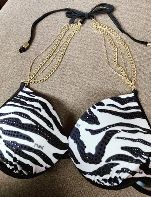 Victoria's Secret NATACIÓN ROSA PUSH UP TOP S Cadenas Doradas Animal ROSA LOGO Estampado  Foto 1 de 4