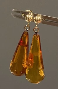 Beautiful 14kyg Tapered Amber Drop Earrings 2.61gr - Picture 1 of 9