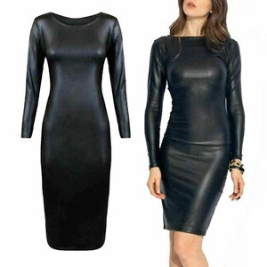 Ladies Womens Long Sleeve PU Leather PVC Wet Look Celeb Bodycon Midi Dress 8-26 - Picture 1 of 3