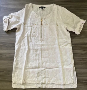 Ellen Tracy Linen Blouse Top Womans Medium Striped White Short Sleeve 1/4 Zip - Picture 1 of 2