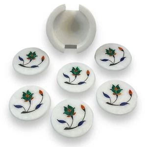SET 6 sottobicchieri in marmo bianco + supporto pietre semi preziose intarsio floreale fatti a mano - Foto 1 di 7