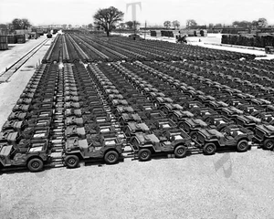 ANTIQUE 8X10 REPRO PHOTO PRINT WW 11 WILLYS JEEPS STAGED FOR OVERSEAS SHIPMENT - Picture 1 of 1