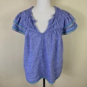 Vineyard Vines Shirt Womens XL Blue Linen Flutter Sleeve Boho Embroidered Top - Picture 1 of 16