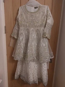 Asian Peplum Sharara Sequined Embroidered White Outfit - Picture 1 of 6
