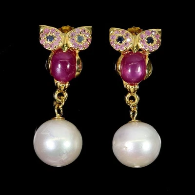 925 Sterling Silver Earrings Oval Ruby 7x5mm Sapphire Gemstone Owl Jewelry - Image 1 of 4