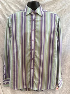 ROBERT GRAHAM French Cuff Shirt~LARGE~100% Cotton Purple/Green/White STRIPES NWT - Picture 1 of 10