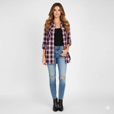 Camisa túnica Duluth Trading Co feminina L roxa folclore flanela xadrez cabincore - Imagem 1 de 4