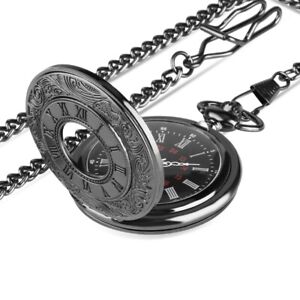 Black Half Hunter Pocket Watch with Chain Roman Numerals Case with Pendant Chain